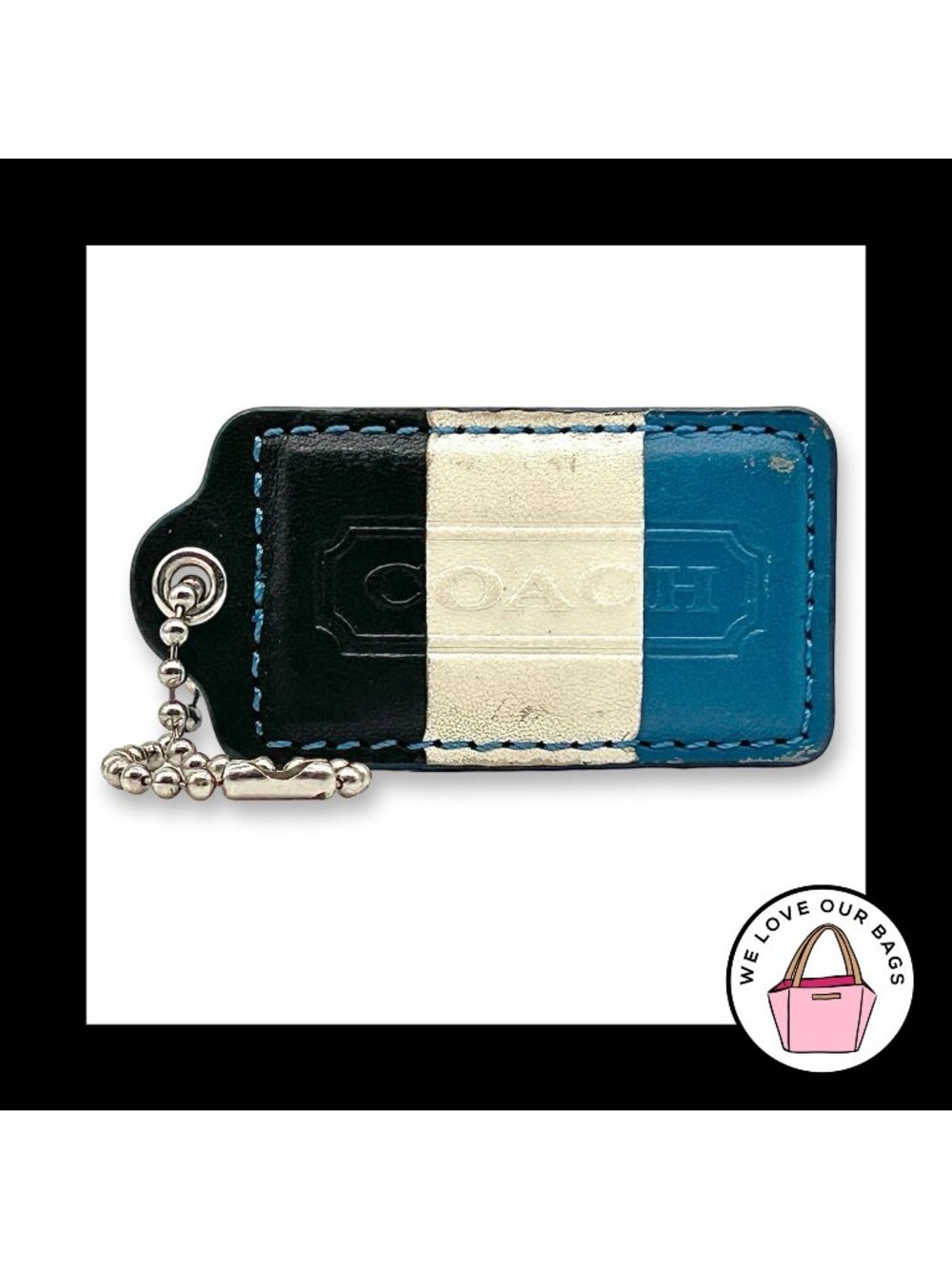 Rare COACH HANG TAG 3" Bag Charm Keychain Fob Blue White Stripe Leather X-Large